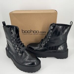 Boohoo Croc Chunky Womens Size US‎ 8 Ankle Boots Black Faux Alligator Print